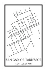 Hand drawn printable downtown road map poster of district SAN CARLOS-TARTESSOS of the Spanish city of SEVILLE on solid white background with city name