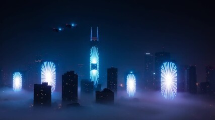 Spectacular fireworks illuminate city skyline at night - Powered by Adobe