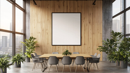 Modern Meeting Room with Large Blank Poster Wooden Wall City View