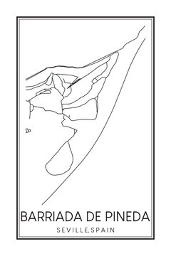 Hand drawn printable downtown road map poster of district BARRIADA DE PINEDA of the Spanish city of SEVILLE on solid white background with city name