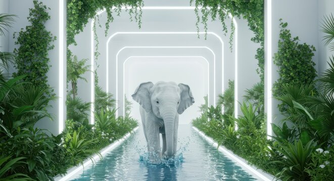 White elephant walking through water in a neon lit tunnel with green plants on either side of the path
