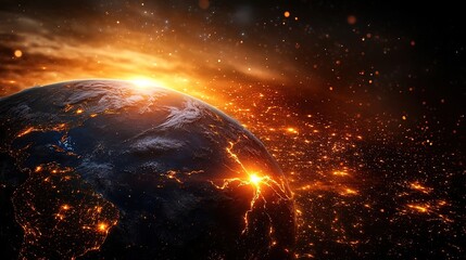 Aerial view of Earth's atmosphere with glowing blue ozone layer and dark gap symbolizing depletion, environmental protection and climate change awareness concept.