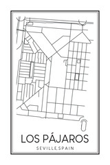 Hand drawn printable downtown road map poster of district LOS P&Aacute;JAROS of the Spanish city of SEVILLE on solid white background with city name