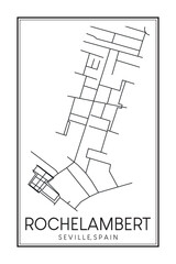 Hand drawn printable downtown road map poster of district ROCHELAMBERT of the Spanish city of SEVILLE on solid white background with city name