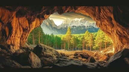A Cave's Breathtaking View of Majestic Mountains and Golden Forest