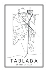 Hand drawn printable downtown road map poster of district TABLADA of the Spanish city of SEVILLE on solid white background with city name
