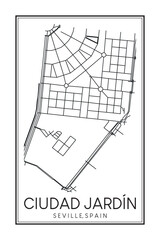 Hand drawn printable downtown road map poster of district CIUDAD JARD&Iacute;N of the Spanish city of SEVILLE on solid white background with city name