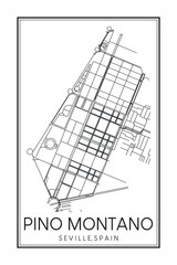 Hand drawn printable downtown road map poster of district PINO MONTANO of the Spanish city of SEVILLE on solid white background with city name
