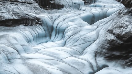 Frozen waterfall cascades down icy canyon walls