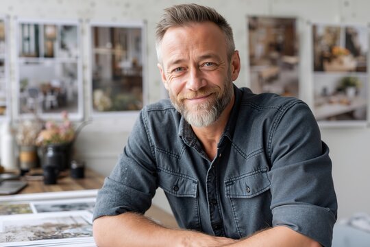 A man sitting at a table with his arms crossed - Powered by Adobe