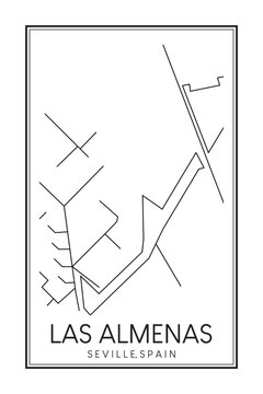 Hand drawn printable downtown road map poster of district LAS ALMENAS of the Spanish city of SEVILLE on solid white background with city name
