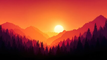 Vivid sunset over a mountainous forest.