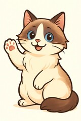 Fototapeta premium 笑顔で手を振るラグドールのイラスト｜Cute Ragdoll Cat Waving Illustration