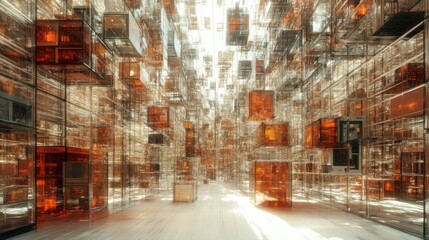 A futuristic cityscape of translucent amber cubes glows under a bright light.