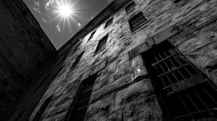 Sunlight illuminates a weathered stone prison wall.