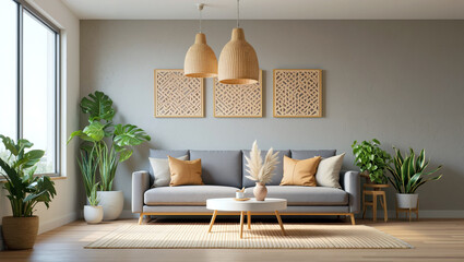 Stylish scandinavian living room features a gray couch, wooden accents, potted plants, and soft lighting creating a relaxing atmosphere ideal for gatherings. Generative AI.