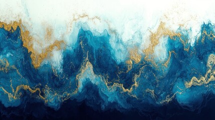 Abstract Blue and Gold Ink Swirl Painting