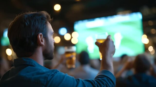 Vibrant sports bar ambiance with neon lights and enthusiastic cheers.