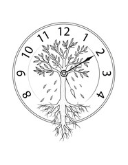 A symbolic line art illustration combining a tree of life with a clock face