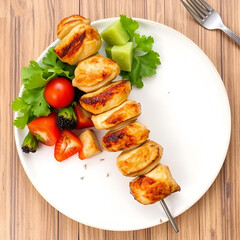 plate of chicken kebab and vegetables