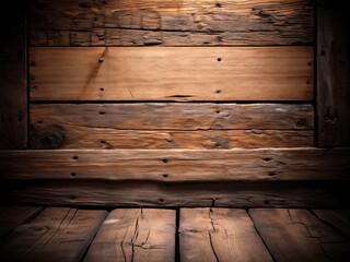 A textured wooden wall and floor create a rustic, cozy environment with warm lighting perfect for setting an inviting tone in various settings. Generative AI.