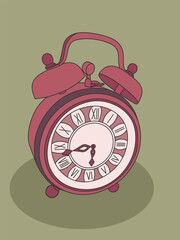 Red alarm clock on green background vector illustration