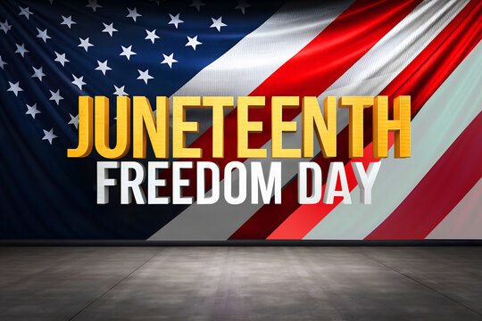 Stage backdrop honoring Juneteenth Freedom Day with American flag drapes and bold gold text celebrating emancipation and African American rights