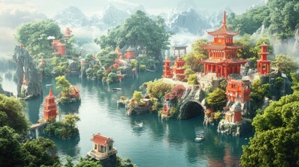 A serene Asian village nestled amongst tranquil waters and snow-capped mountains.
