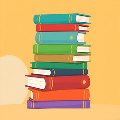 Illustration of colorful stacked books with varying book sizes and shapes, illustration, stack