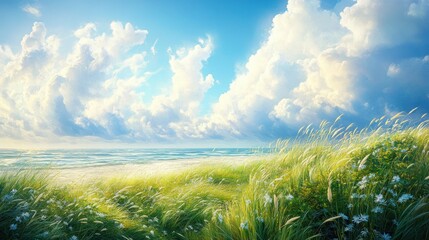 Serene coastal grassland under a bright, breezy sky.