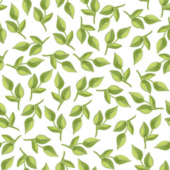 Seamless watercolor pattern with green leaves on a white background. Hand-painted botanical design with soft textures and natural shapes, perfect for fabric, wallpaper, or stationery