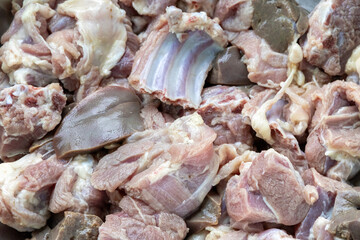 Cleaned fresh raw mutton meat cuts, prepared for delicious cooking. Natural texture.