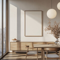 Modern Minimalist Dining Room Interior Design with Wooden Furniture and Blank Canvas