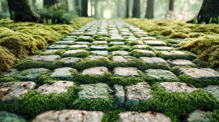 A mossy stone path winds through a sun-dappled forest.