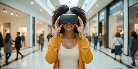 Digital Shopper Immersed in Virtual World – Female Customer Using VR Headset in Retail Environment for Virtual Reality Shopping Experience