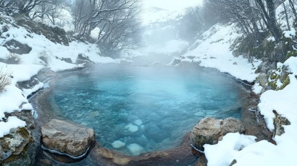 Serene winter hot spring nestled in a snowy mountain valley.