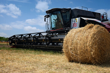 Fototapeta premium A roll of dry hay lies in a field after harvesting against the background of a modern combine harvester.