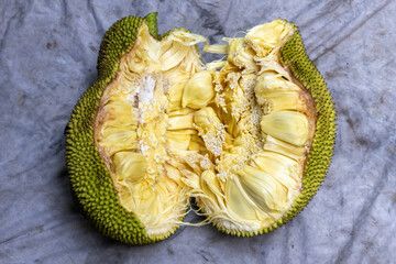 Ripe jackfruit interior with vibrant, fleshy, sweet pods. This tropical superfood, Artocarpus...