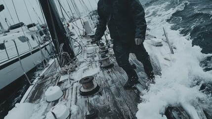 Sailing in rough winter seas: Sailor on deck in stormy weather.