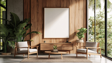 Serene Living Room Design Warm Wooden Accents Lush Greenery