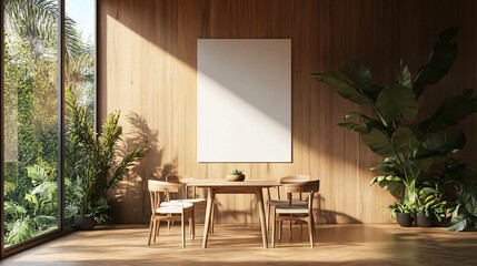 Modern Minimalist Dining Room with Blank Canvas and Greenery