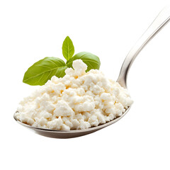 Spoonful of creamy cottage cheese with basil