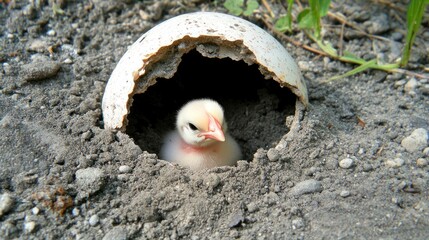 A fluffy chick emerges from its broken eggshell nest.