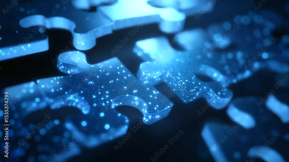 Poster a dynamic visual of futuristic puzzle pieces representing seamless api integration and connectivity.