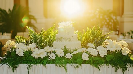 Elegant wedding cake adorned with white flowers and greenery under warm sunlight