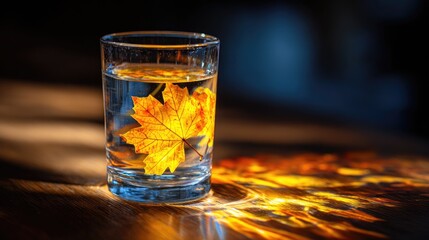 A glass of water with a vibrant autumn leaf.