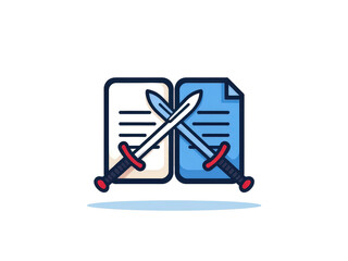 Fototapeta premium a simple flat 2d icon representing 'patent wars', with two simple document icons that have small sword icons clashing between them, minimalist design, solid blue and red colors, clean sharp lines