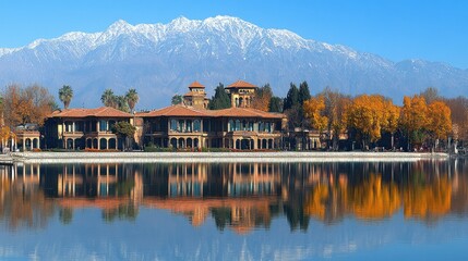 Fototapeta premium Scenic Lake View with Building Reflection and Snowy Mountains