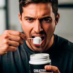  A man is putting a scoop of creatine directly into his mouth.