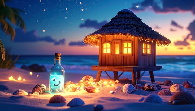 Glowing Firefly Message in Bottle on Tropical Beach at Night